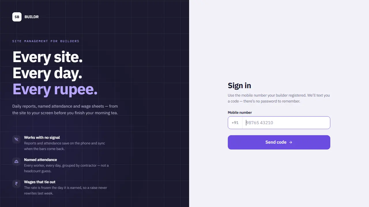 BUILDR: Sign in by mobile number - no password to remember