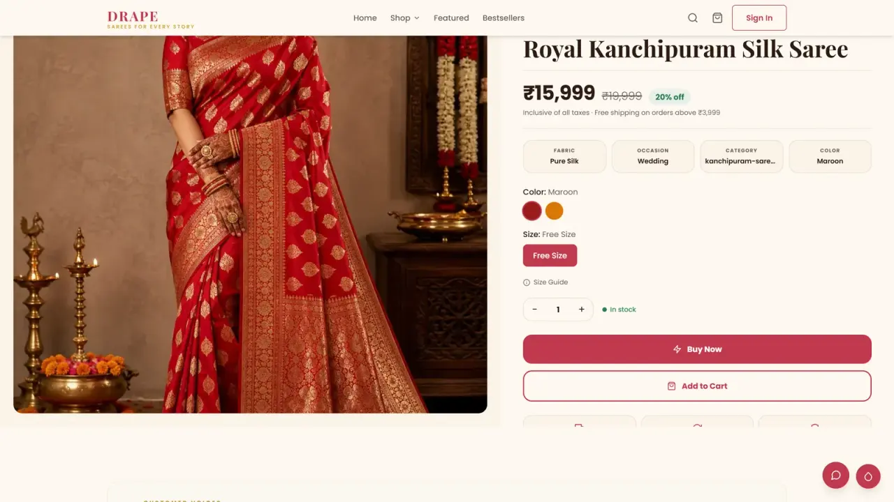 Drape: A product page, with colour and size