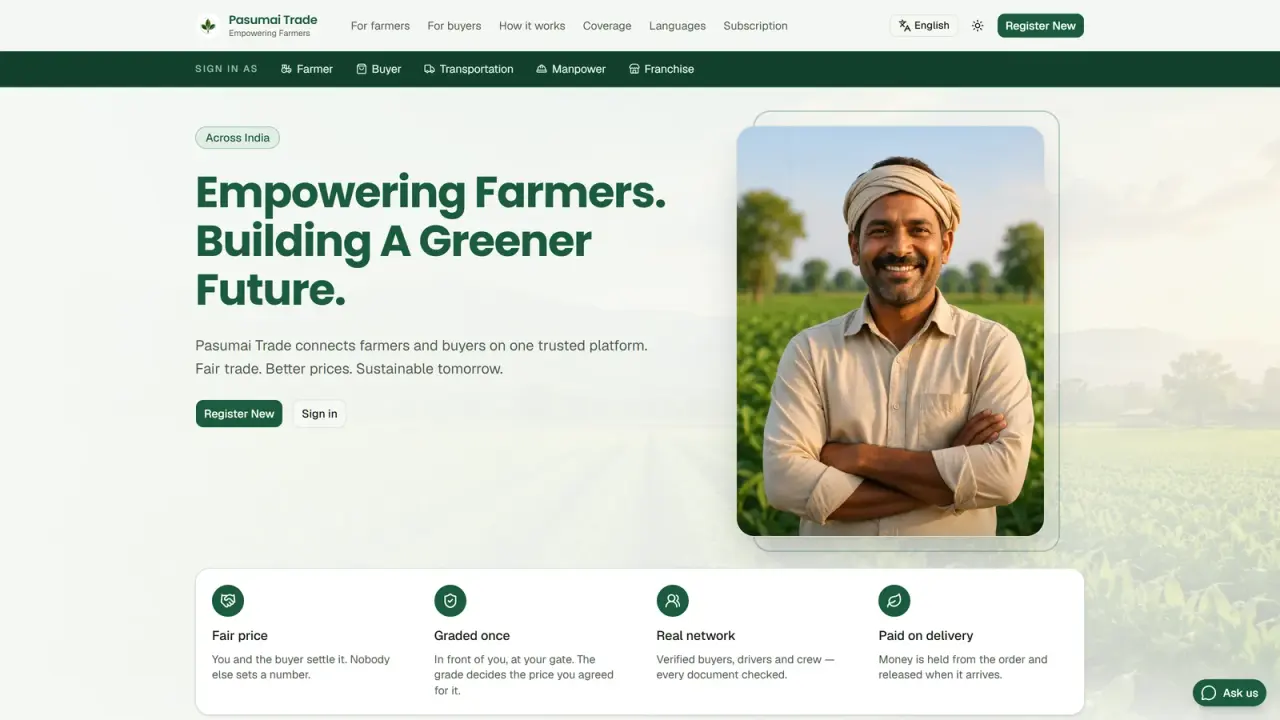Pasumai Trade: The farmer and buyer landing page