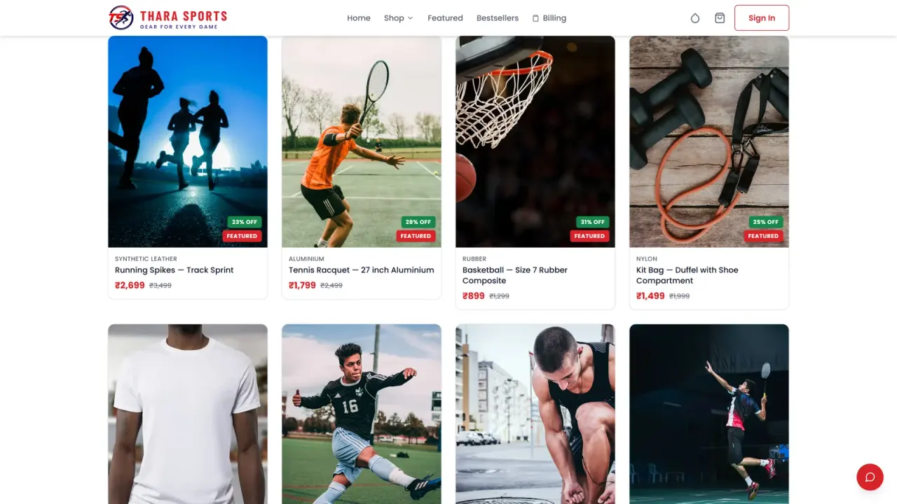 Thara Sports: The featured equipment grid