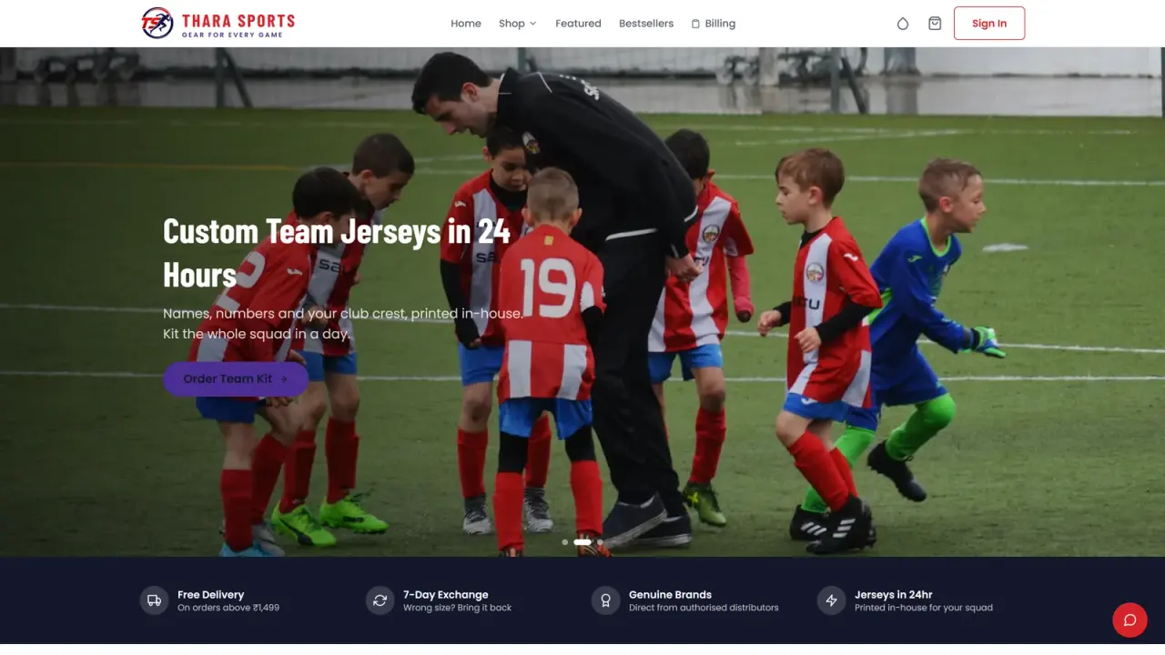 Thara Sports: The storefront landing page